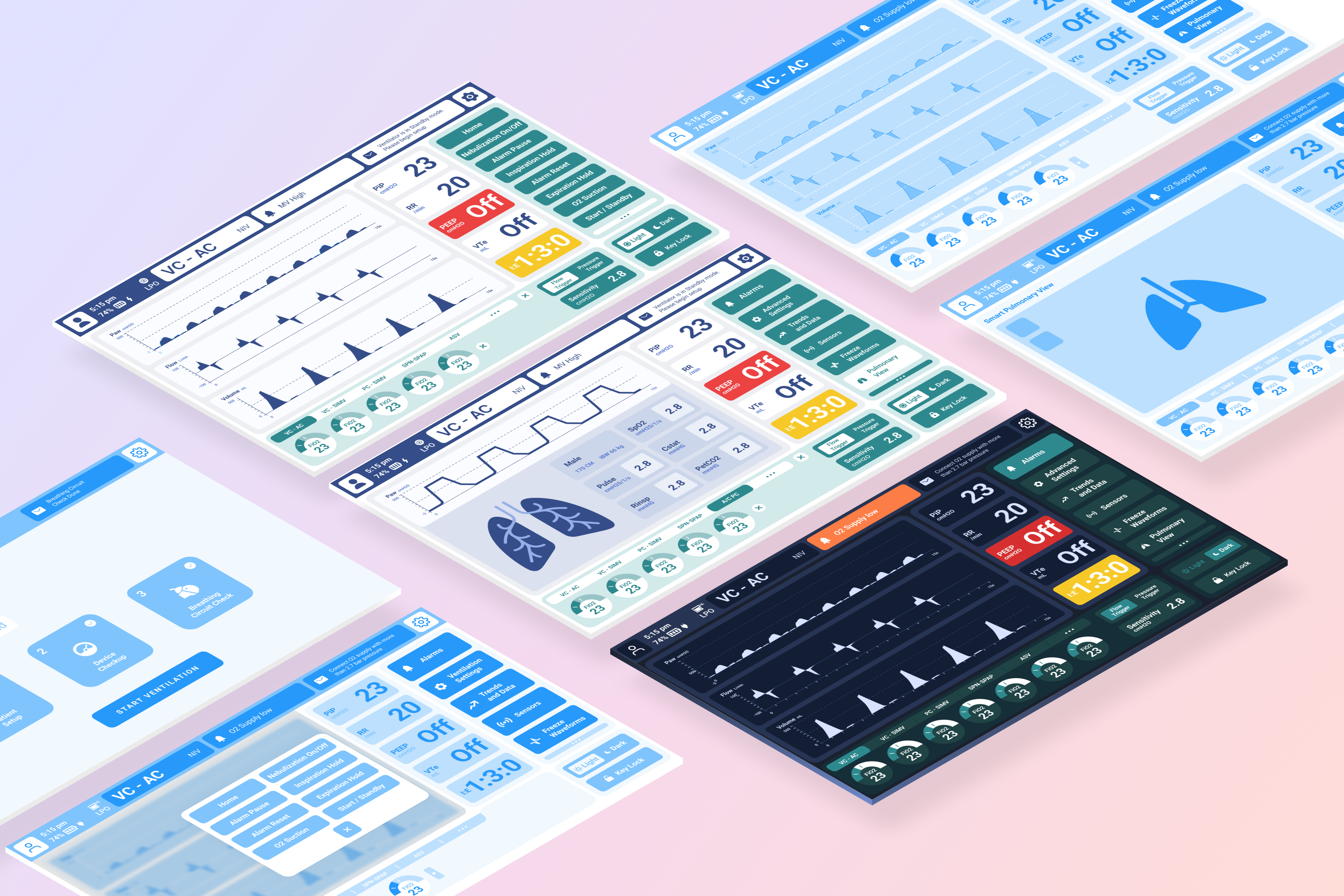 Isometric illustration of the refined interface across light, night and alarm states